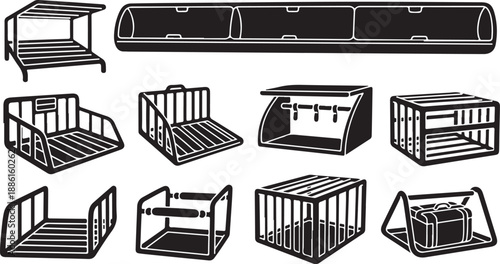 Various animal cage designs and structures illustrated in black