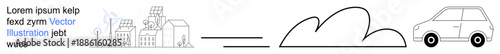 Sustainable development, eco-friendly solutions, green living, transportation impact, urban pollution, environmental awareness. Urban buildings, pollution symbol and a car. Sustainable development
