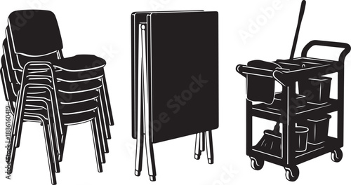 Black and white illustration of school supplies and furniture set