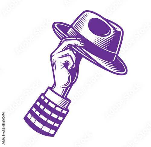 Purple hand holding a hat in a tipping gesture isolated on transparent background
