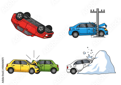 Crashed Cars Vector Icon Set – Car Accident Symbols with Collision, Damage & Emergency Elements – Flat UI Icons for Insurance, Safety & Traffic Apps

