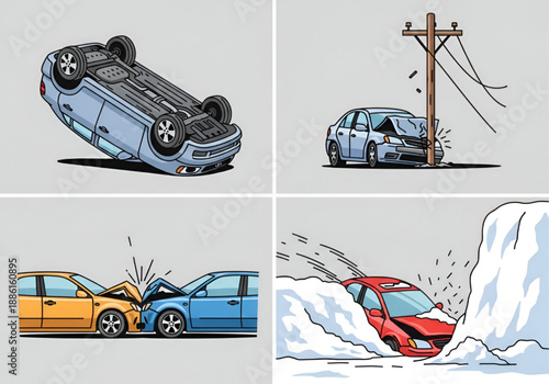 Crashed Cars Vector Icon Set – Car Accident Symbols with Collision, Damage & Emergency Elements – Flat UI Icons for Insurance, Safety & Traffic Apps

