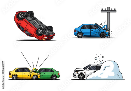 Crashed Cars Vector Icon Set – Car Accident Symbols with Collision, Damage & Emergency Elements – Flat UI Icons for Insurance, Safety & Traffic Apps

