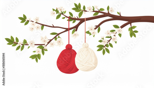 Baba Marta Day Spring Symbol Vector Red and White Yarn Ornament