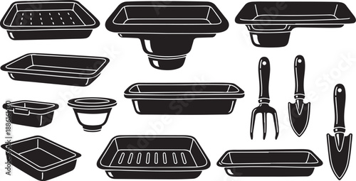 Gardening tools and planters in black and white illustration style
