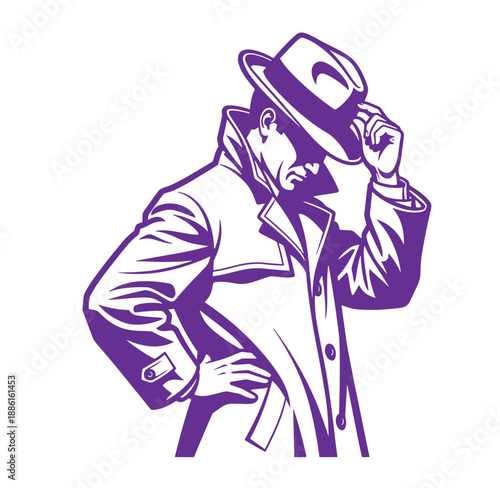 Purple illustration of a man in a trench coat and fedora hat standing confidently  stylish and mysterious
