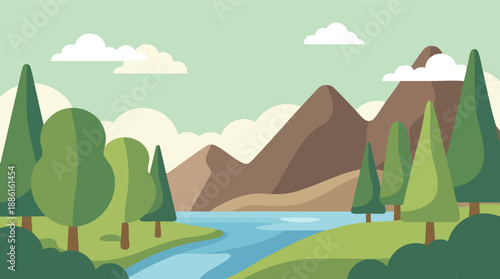 Mountain Landscape with River and Trees Illustration.