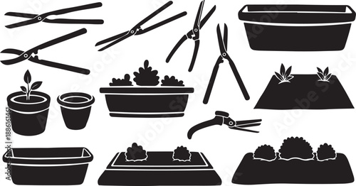 Gardening tools and plant pots in black and white illustration