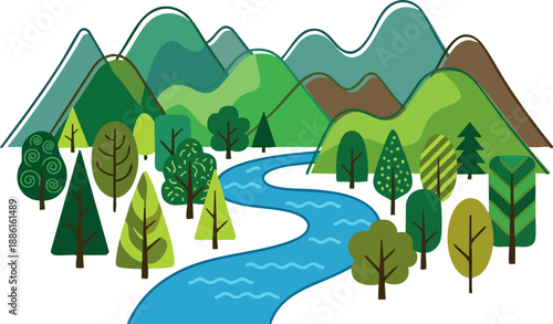 River Landscape with Mountains and Trees.