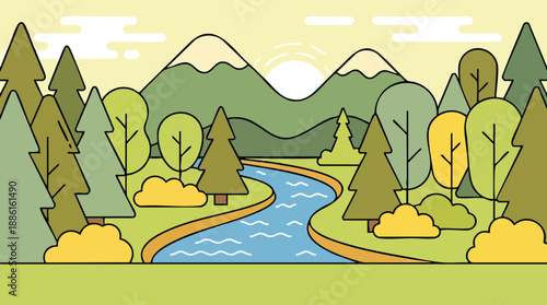 Cartoon Trees River Landscape Illustration Scene.