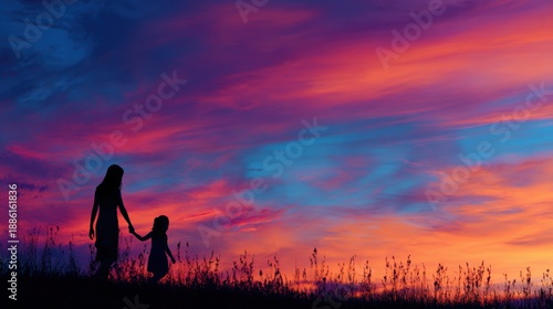 Mothers Day, Valentines Day, love holiday theme. A silhouette of a mother and daughter walking handinhand through a field at sunset. The sky is painted with hues of pink, blue, and purple.