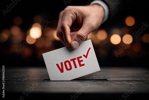 Wallpaper Mural Vote cast Civic duty hand submits ballot blurred lights background. Torontodigital.ca