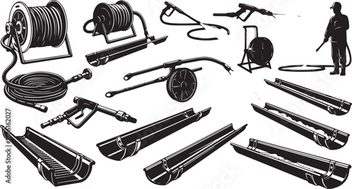 Collection of various construction tools and equipment in black and white
