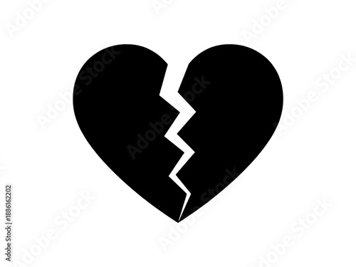 A bold broken heart silhouette with a jagged crack representing sadness, heartbreak, and emotional separation in a clean graphic style isolated on transparent background.