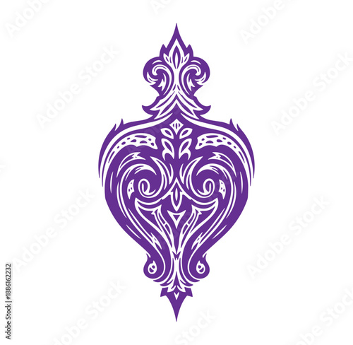 Purple ornate decorative design element with swirling patterns and floral motifs