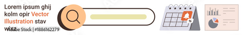 Productivity tools, search functionality, workflow organization, business tasks, reminders, data analysis. A search bar, calendar alert and analytics chart. Productivity tools and search