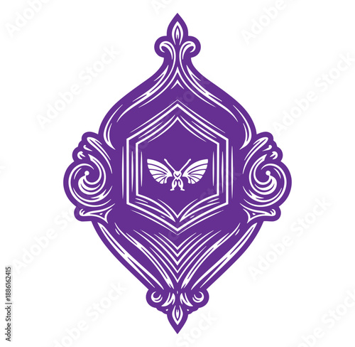 Purple ornate frame with white moth design on transparent background