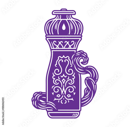 Purple ornate lamp with intricate design and handle on transparent background