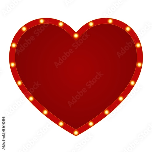 Marquee heart frames with red border and light bulbs, isolated on a transparent background. Retro casino signboards for Valentine's Day designs, weddings, love and romantic decorations. PNG. Vector