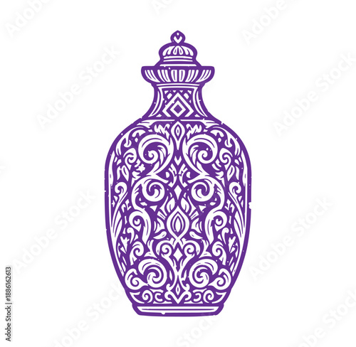 Purple ornate vase with intricate floral patterns and swirling designs on white background