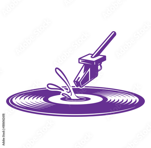 Purple paintbrush pouring paint into a circular puddle on white background