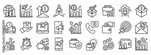 Business Growth icon collection. Containing design Start Up, Rocket, Increase, Money, Product Innovation	