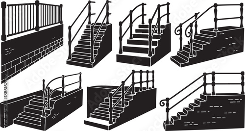 Staircases with railings in various architectural styles and designs