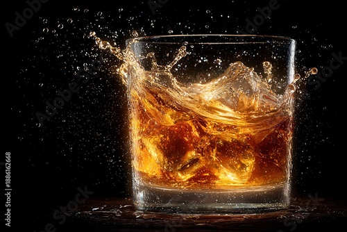 Wallpaper Mural Whiskey Splash Ice Cubes Collide with Creating Dynamic Water Droplets on Dark Background. Torontodigital.ca