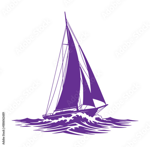 Purple sailboat sailing on choppy water with large sail