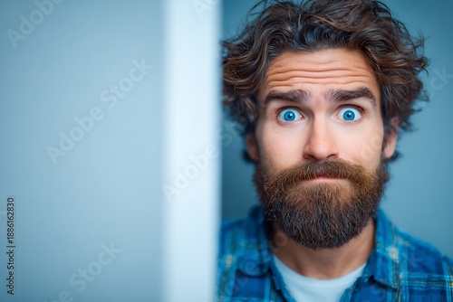 Wallpaper Mural WideEyed Wonder Man Peeking with Surprised Expression, Bearded, and Studio Shot. Torontodigital.ca