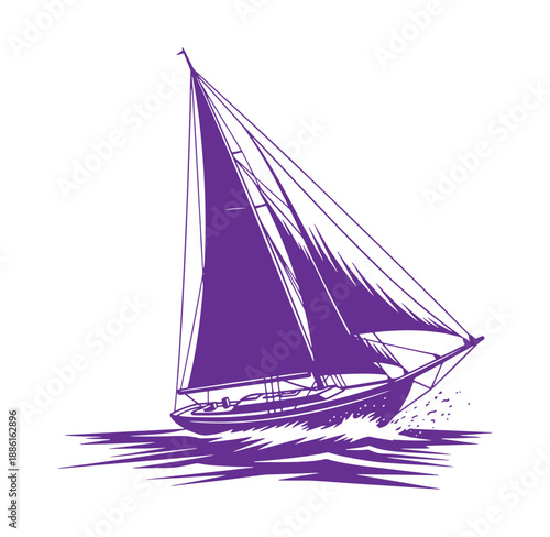 Purple sailboat sailing on water with large sails raised high
