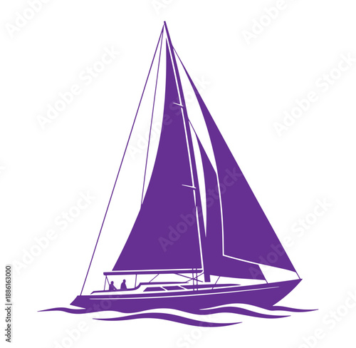 Purple sailboat sailing on water with two people on board recreational activity