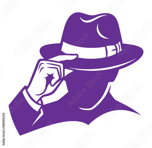 Purple silhouette of a man wearing a fedora hat and touching it  monochrome illustration