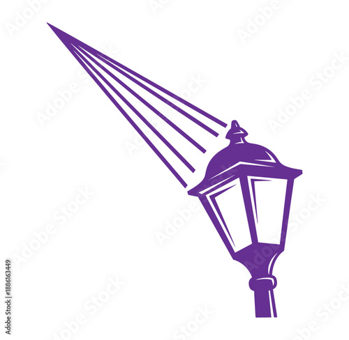 Purple street lamp with light beams shining to the left  urban lighting illustration
