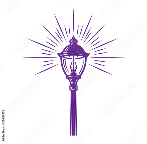 Purple street lamp with radiant sunburst effect on white background  urban lighting illustration