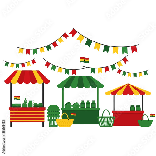 Ghanaian market stalls with flags and bunting for festive outdoor shopping