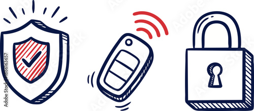 Security Icons Shield Key Fob Lock.