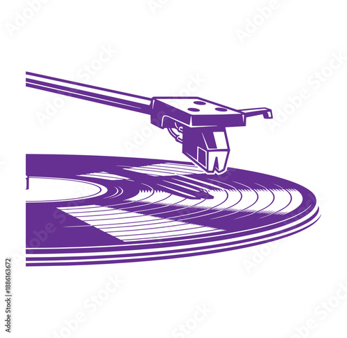 Purple vinyl record player needle on a turntable with white background