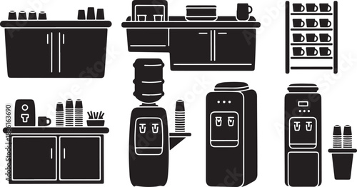 Black and white illustration of various coffee machines and counters
