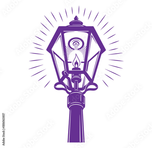 Purple vintage street lamp with glowing flame and sunburst design  old fashioned lighting