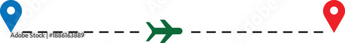 An airplane icon travels along a dashed line between a blue starting point and a red destination pin on white