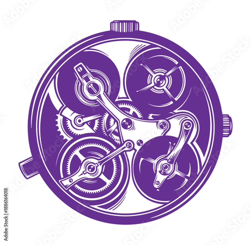 Purple watch mechanism with gears and cogs on white background