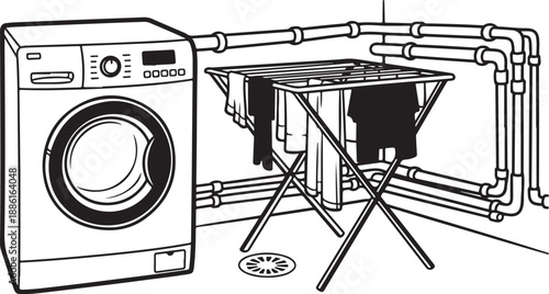 Laundry room with washing machine and drying rack setup