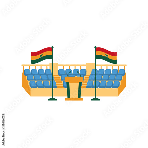 Ghanaian flags and podium in an empty outdoor stadium seating area