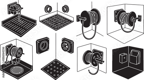 Isometric view of various industrial equipment and tools displayed