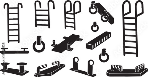 Black and white nautical dock equipment illustrations set