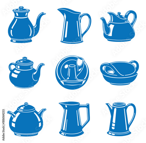 Set of various blue teapot and tea infuser silhouettes on white background