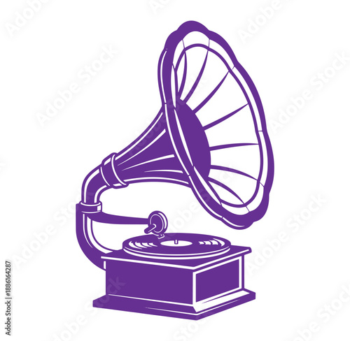 Vintage purple gramophone illustration with horn and turntable isolated on white background