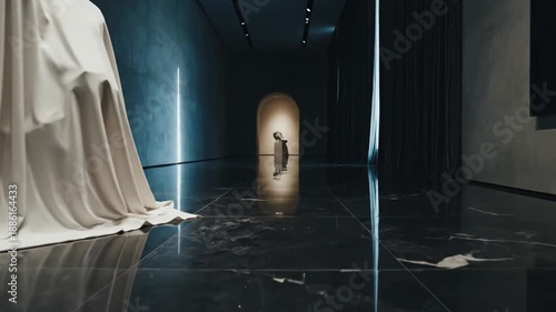 Mysterious Art Gallery: Covered Sculpture and Dark Reflections