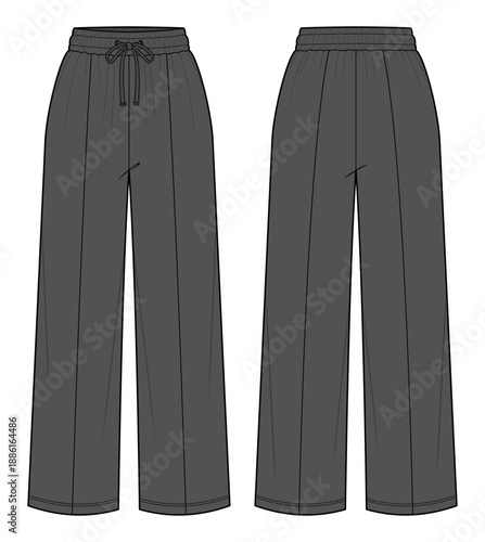 Wide-Leg Lounge Pants Technical Fashion Illustration. Straight-Leg Drawstring Trousers with Elastic Waistband. Front and Back Views. ladies Loungewear. CAD Mockup Set.